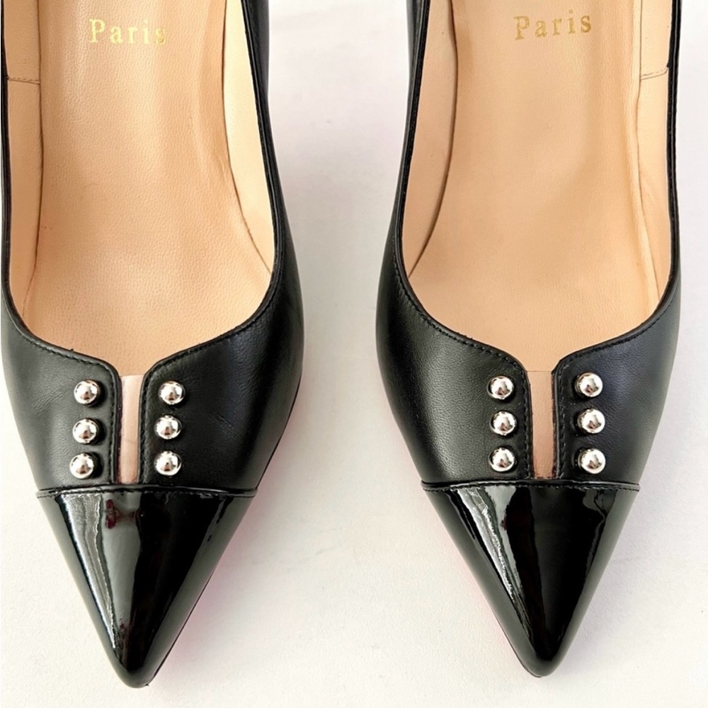 CHRISTIAN LOUBOUTIN - Black Predupump 85 Silver Studded Pointed Heel Pumps 8.5